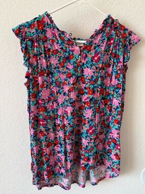 LOFT Floral Cap-Sleeve Pleated Blouse in Pink, Blue & Red